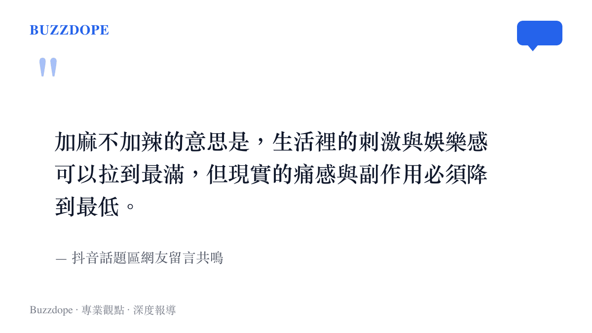 引述網友對於加麻不加辣這項生活哲學的解讀：追求娛樂感同時迴避現實痛感