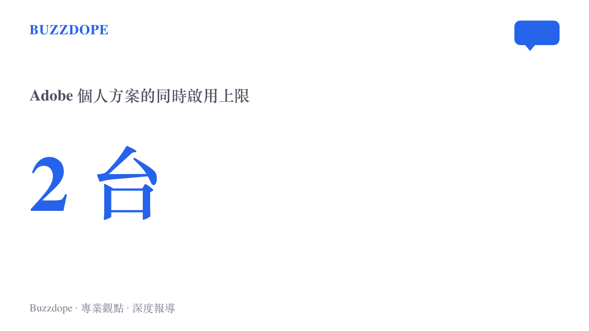 統計圖卡標示 Adobe Creative Cloud 個人方案同一帳號最多可同時在兩臺裝置上啟用，安裝臺數本身沒有上限