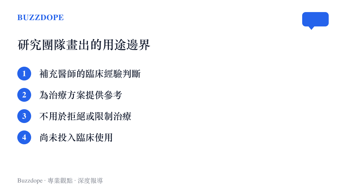 研究團隊為這款AI工具設定的定位清單：補充醫師判斷、提供治療參考、不用於拒絕或限制治療，且目前尚未投入臨牀使用
