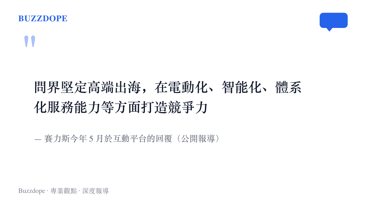 引言圖卡呈現賽力斯向投資人說明問界出海策略的原文，點出電動化、智慧化與體系化服務三個競爭力方向