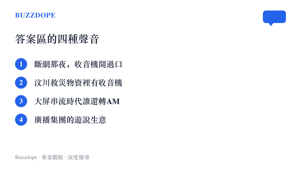 清單圖卡列出中文網友圍觀美國AM收音機法案的四類觀點：災害斷網的親身經驗、汶川救災物資的公開記憶、串流時代的實用質疑，以及廣播集團遊說的商業猜想