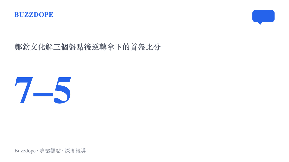 統計圖卡呈現鄭欽文在2026年中網女單決賽首盤化解三個盤點後，以七比五逆轉拿下的關鍵比分