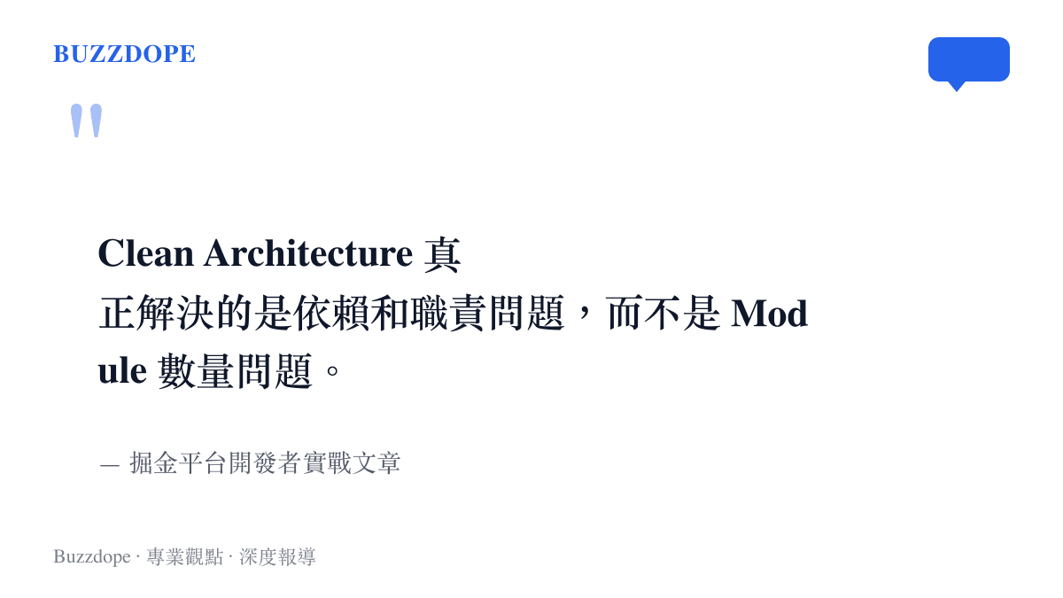 引述圖卡呈現技術文章作者對於整潔架構核心觀點的解釋，強調架構設計不等於模組拆分