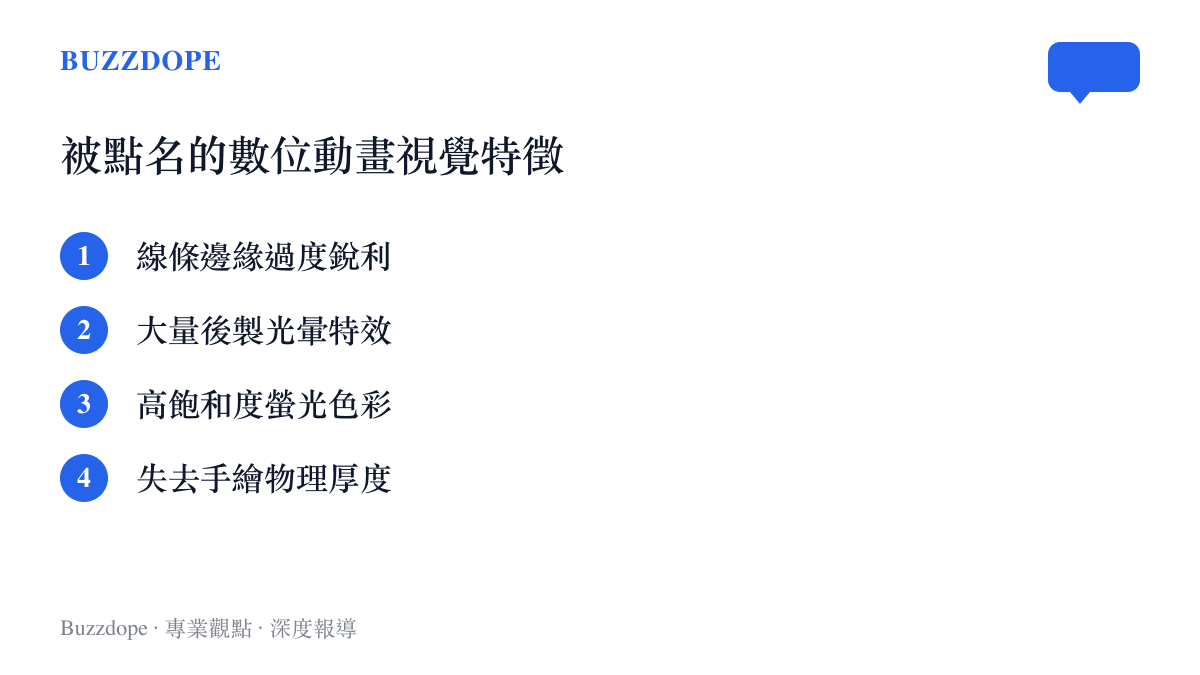 清單圖卡列舉出線條銳利、光暈特效、高飽和度與失去厚度等四項數位動畫常見的視覺特徵