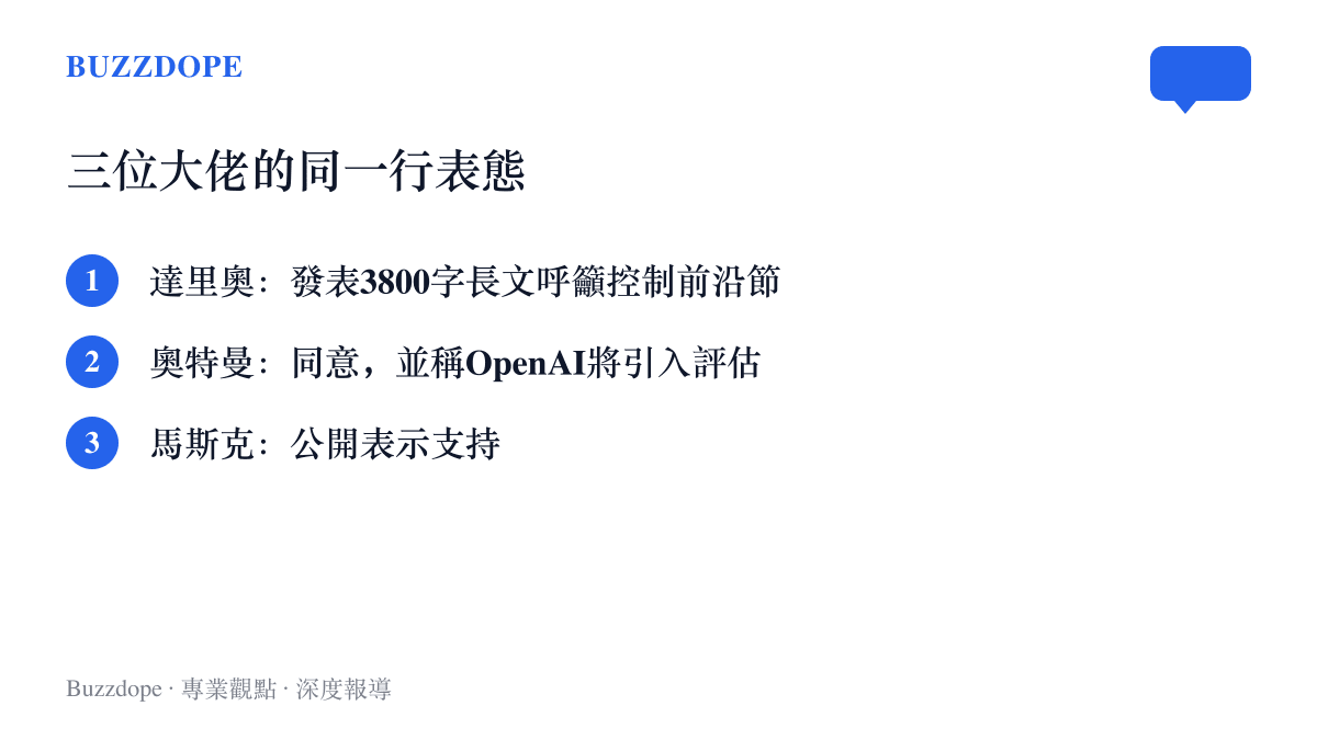 清單圖列出達裏奧發文呼籲減速、奧特曼表態跟進評估機制、馬斯克公開支持的三人連續表態