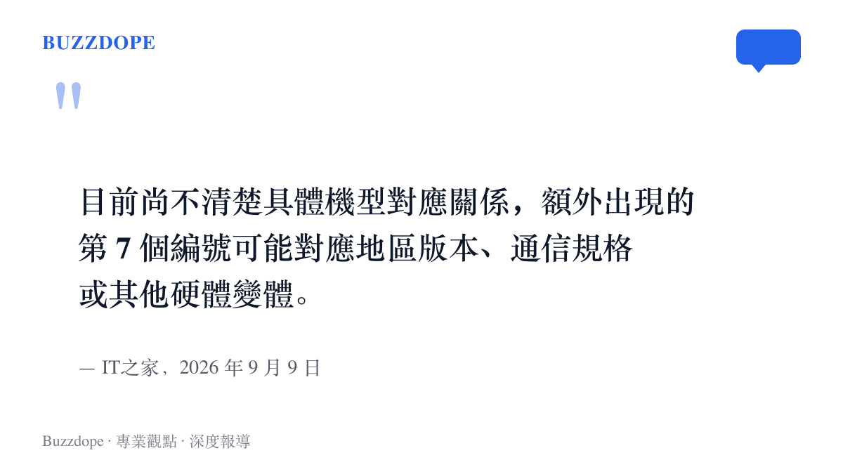 引述 IT之家 9 月 9 日報導，指第 7 個 iPhone 標識符可能對應地區版本、通信規格或其他硬體變體，實際對應機型尚未釐清