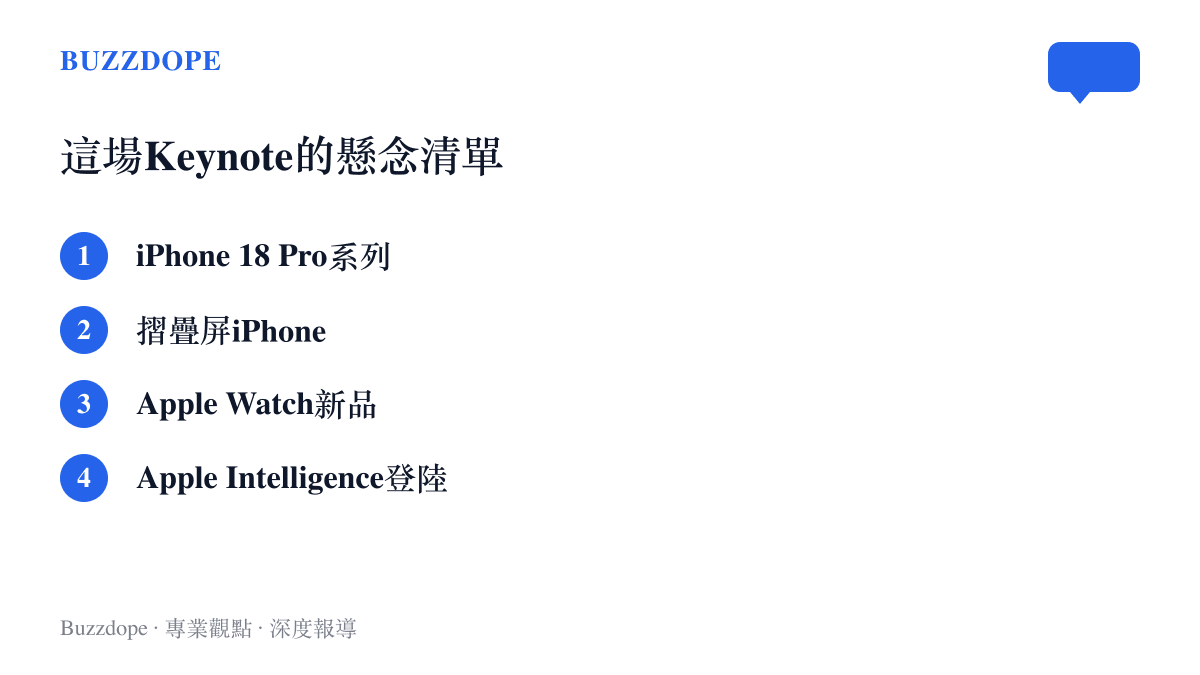 清單圖列出這場蘋果發表會的四大期待焦點：iPhone 18 Pro系列、傳聞已久的摺疊屏iPhone、Apple Watch新品，以及Apple Intelligence是否登陸中國大陸