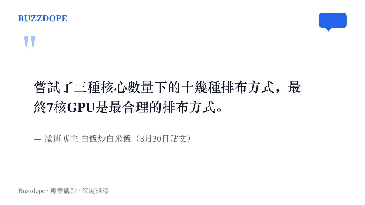 微博博主在貼文中說明，他試過三種核心數量下的十幾種排布方式，結論是七核GPU最合理