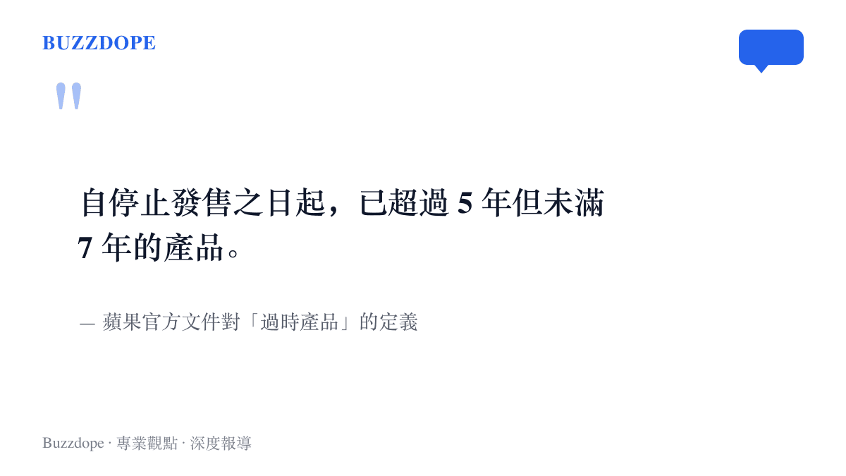 引述蘋果官方文件對過時產品的定義，說明停止發售超過五年但未滿七年的產品將列入過時名單