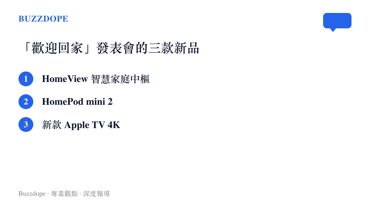 清單列出蘋果十月十三日發表會亮相的三款新品：首款智慧家庭中樞HomeView、第二代HomePod mini與新款Apple TV 4K