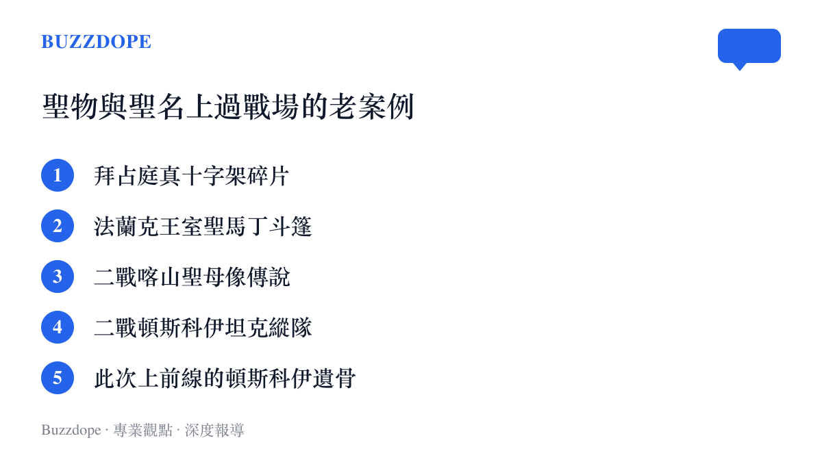 清單列出歷史上被帶上戰場的聖物與聖名案例，包括拜佔庭真十字架碎片、聖馬丁鬥篷、二戰喀山聖母像傳說、二戰以頓斯科伊命名的坦克縱隊，以及此次送上前線的頓斯科伊遺骨