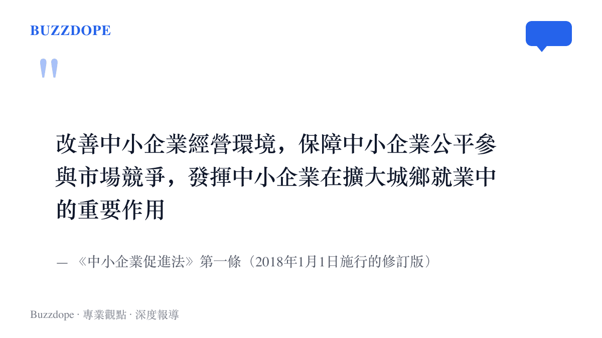 引文呈現《中小企業促進法》第一條的立法目的，強調改善經營環境、保障公平競爭與擴大城鄉就業三件事