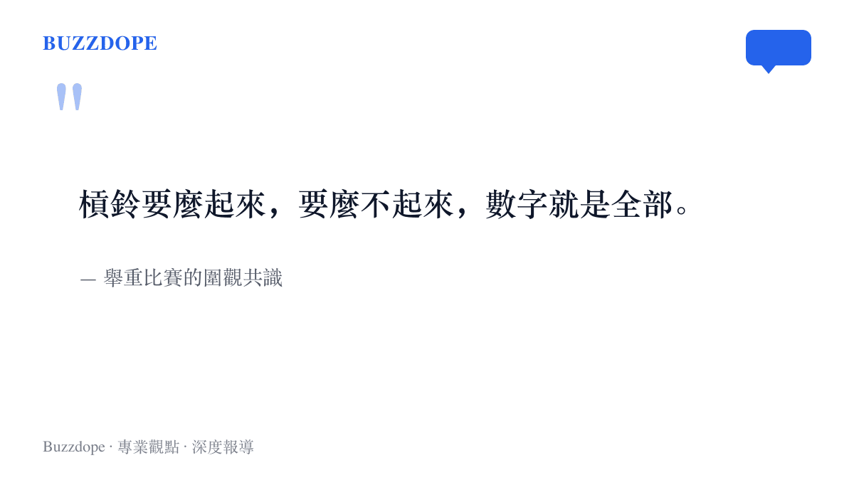 引言圖卡呈現舉重比賽數字即全部的圍觀共識，說明這個項目成績判定的絕對性
