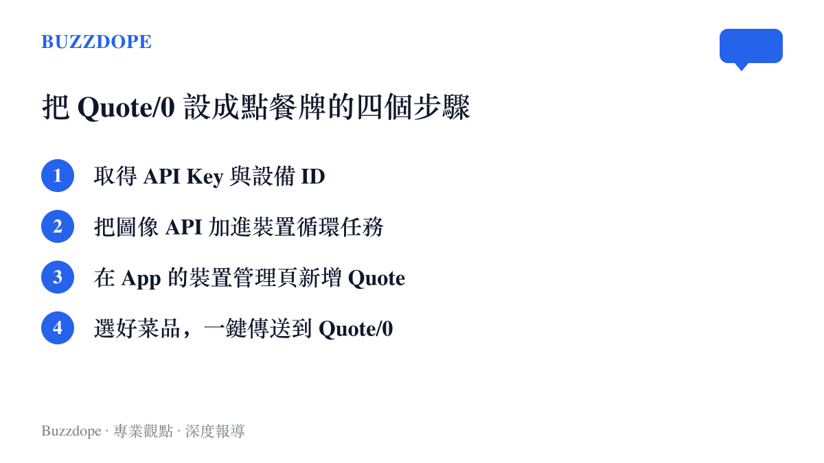 四個步驟把 Quote/0 電子紙裝置設定成家用點餐牌：取得 API 金鑰與設備編號、把圖像 API 加入循環任務、在 App 內新增裝置、選菜後一鍵傳送菜單