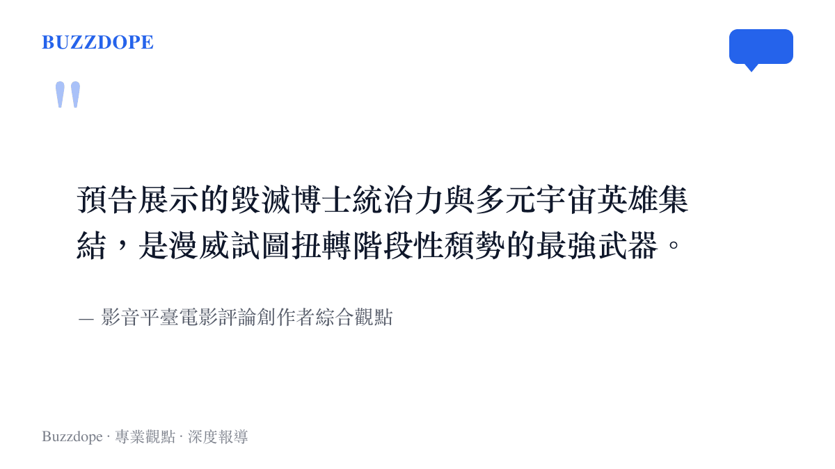 引述多位影音平臺電影評論創作者對於《復仇者聯盟5》預告背後商業與敘事意涵的綜合分析觀點。