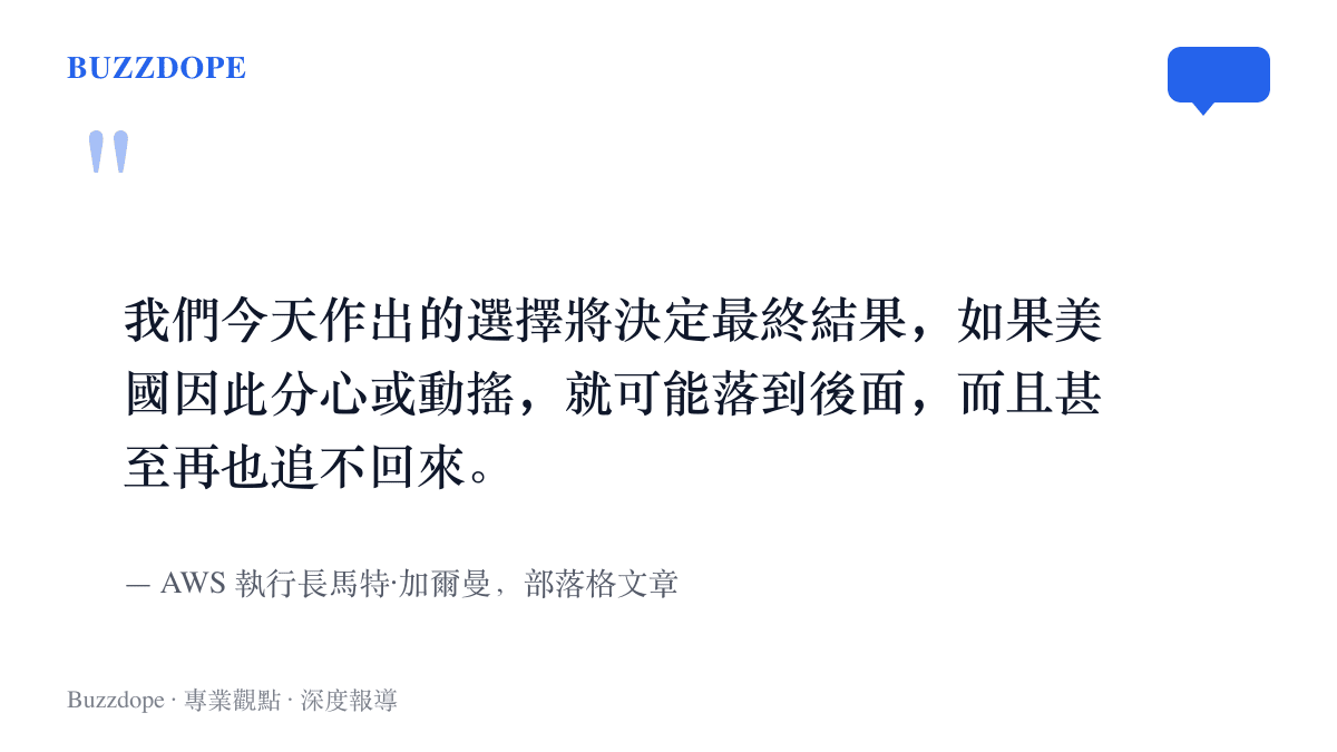 引言圖卡呈現AWS執行長加爾曼的警告，美國若在AI與數據中心建設上分心動搖，可能在競爭中落後且再也追不回來