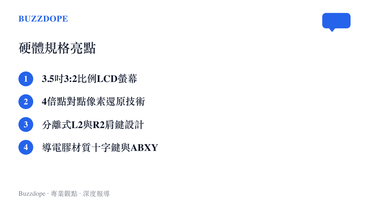 清單圖卡列出攻氪 Pocket Advance 復古掌機的四大硬體特色，包含螢幕比例、像素還原技術、肩鍵設計與導電膠按鍵材質