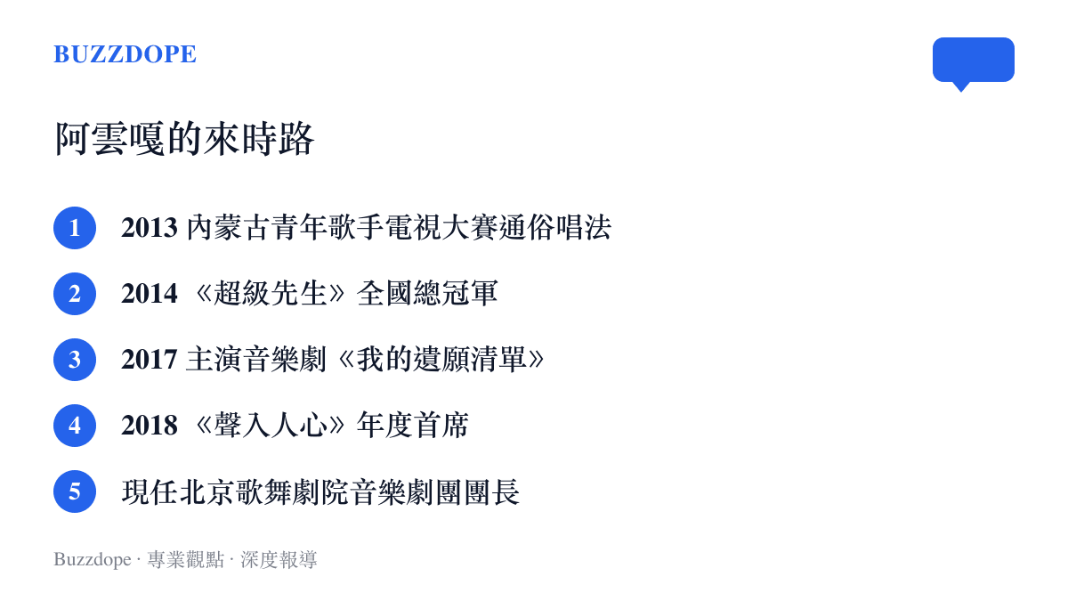 清單列出阿雲嘎的五項經歷，包含2013年內蒙古青年歌手大賽冠軍、2014年超級先生總冠軍、2017年主演音樂劇、2018年聲入人心年度首席與現任北京歌舞劇院音樂劇團團長