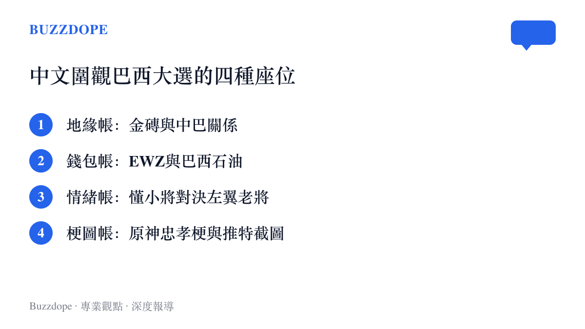 清單圖列舉中文網路圍觀巴西大選的四種角度，包括金磚與中巴關係的地緣帳、ETF與石油股的錢包帳、左右翼對決的情緒帳，以及留言區玩梗的梗圖帳