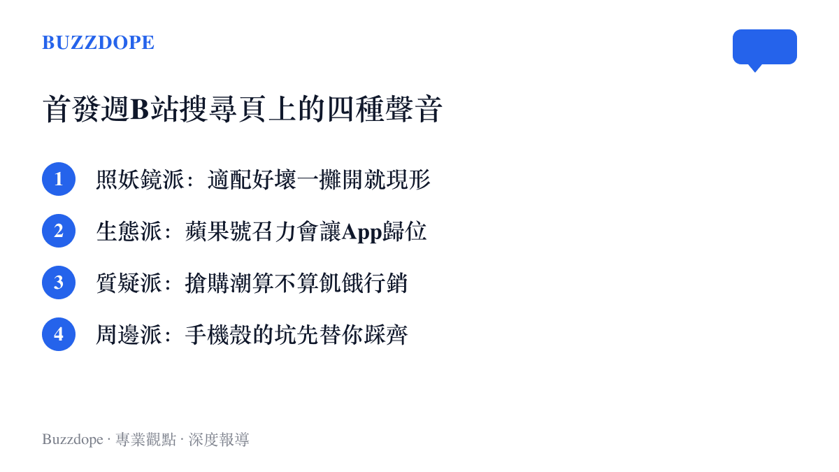 B站搜尋頁整理出關於iPhone Duo的四種討論立場，包括照妖鏡說法、生態號召力、飢餓行銷質疑與手機殼踩坑心得