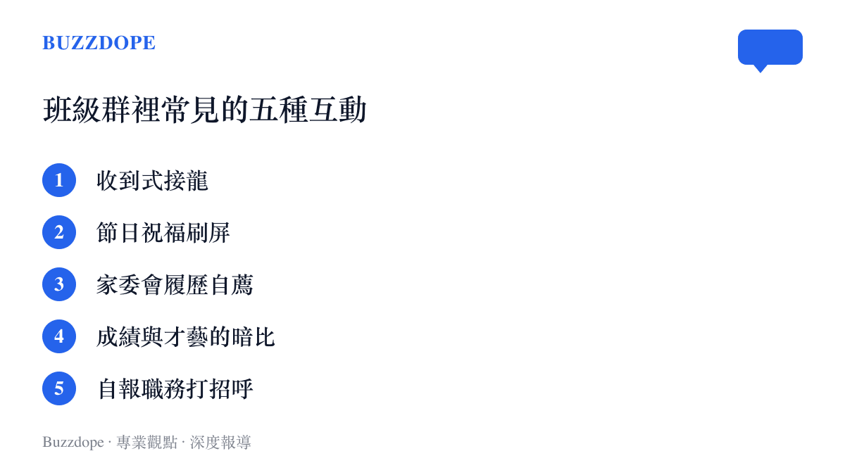 清單圖卡列出班級家長羣常見的五種互動樣態，包含收到式接龍、節日祝福刷屏、家委會履歷自薦、成績與才藝的暗比，以及自報職務打招呼