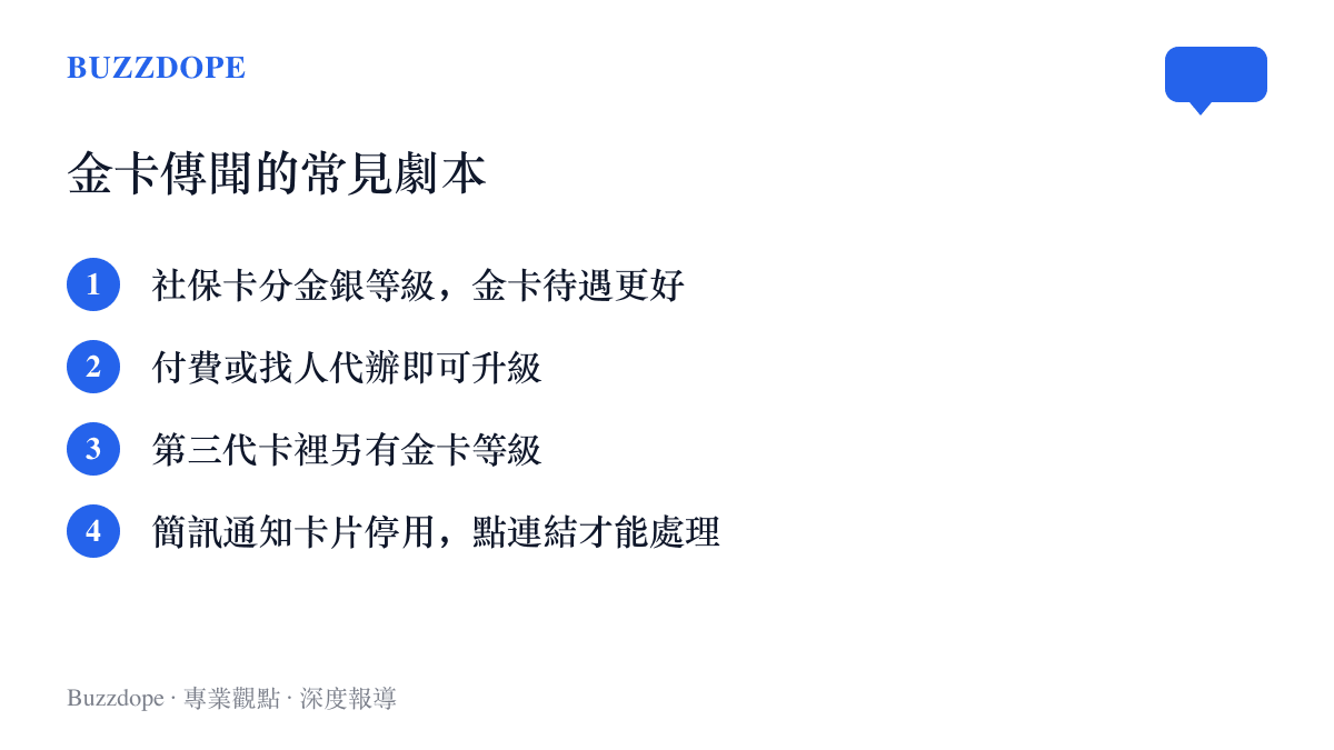 金卡傳聞的四種常見劇本，包含社保卡分金銀等級、付費代辦可升級、第三代卡藏金卡等級、停卡簡訊要求點連結處理