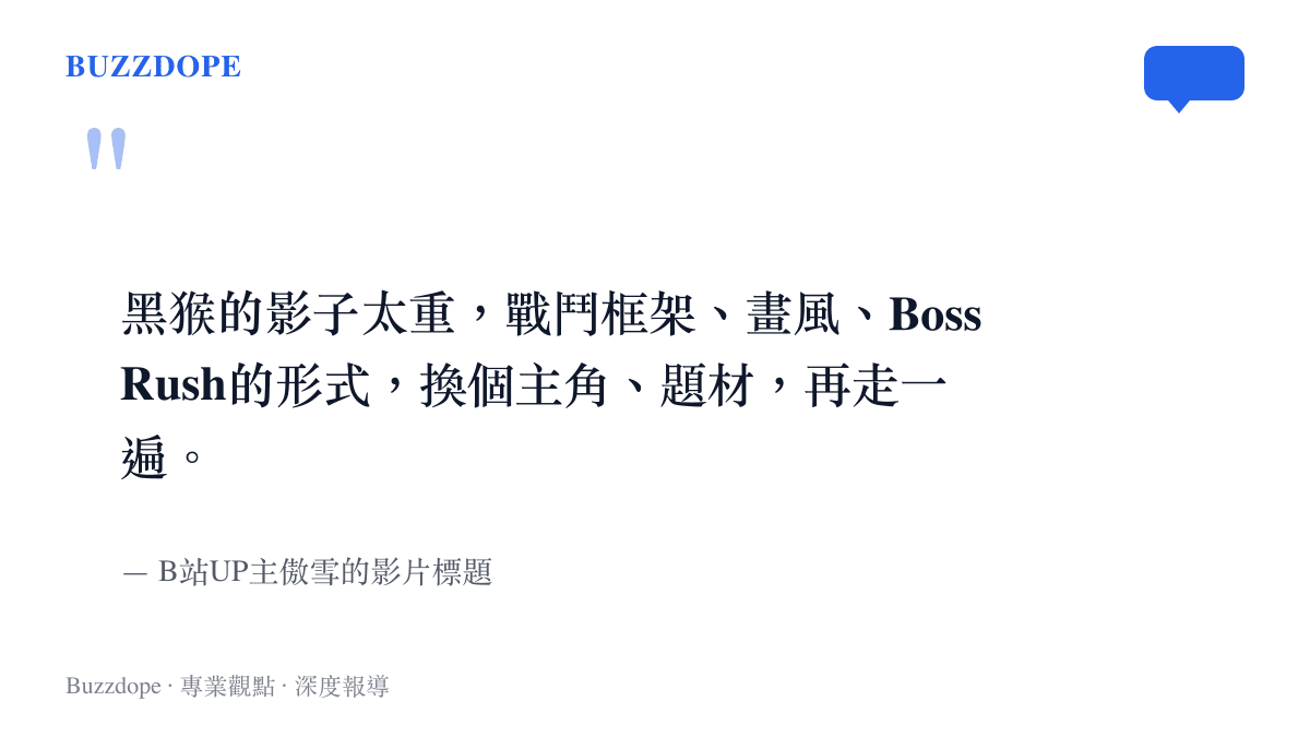 引言圖卡呈現B站UP主傲雪對《黑神話：鍾馗》的質疑，指戰鬥框架、畫風與Boss Rush形式沿用前作痕跡過重，只是換了主角與題材
