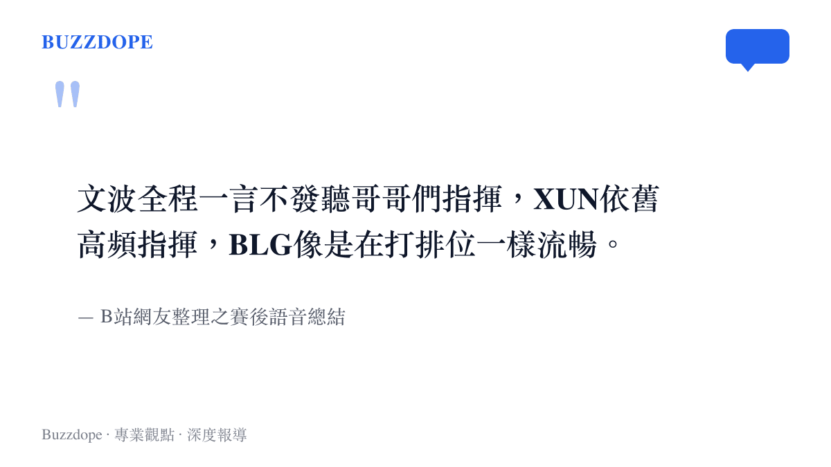 文波全程一言不發聽哥哥們指揮，XUN依舊高頻指揮，BLG像是在打排位一樣流暢。