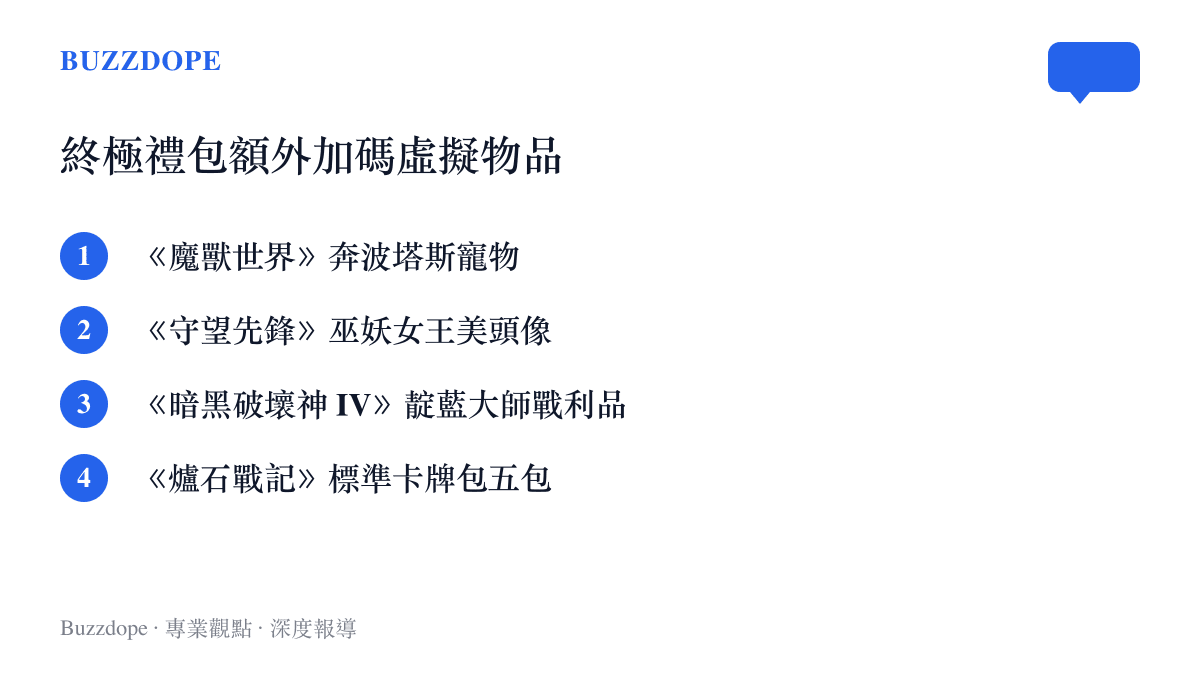 暴雪嘉年華終極典藏禮包為四款遊戲提供的額外虛擬物品清單列表
