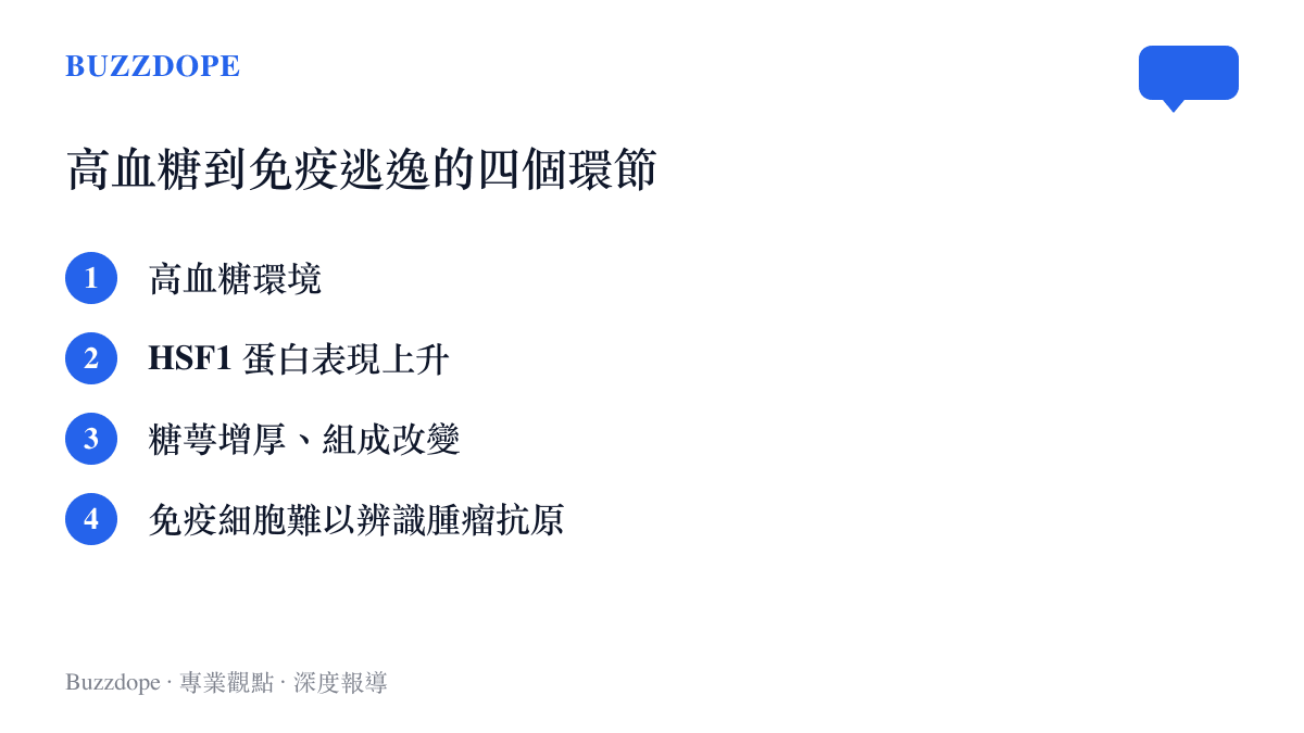 圖卡依序列出高血糖影響免疫辨識的四個環節：高血糖環境、HSF1 蛋白表現上升、糖萼增厚與組成改變、免疫細胞難以辨識腫瘤抗原