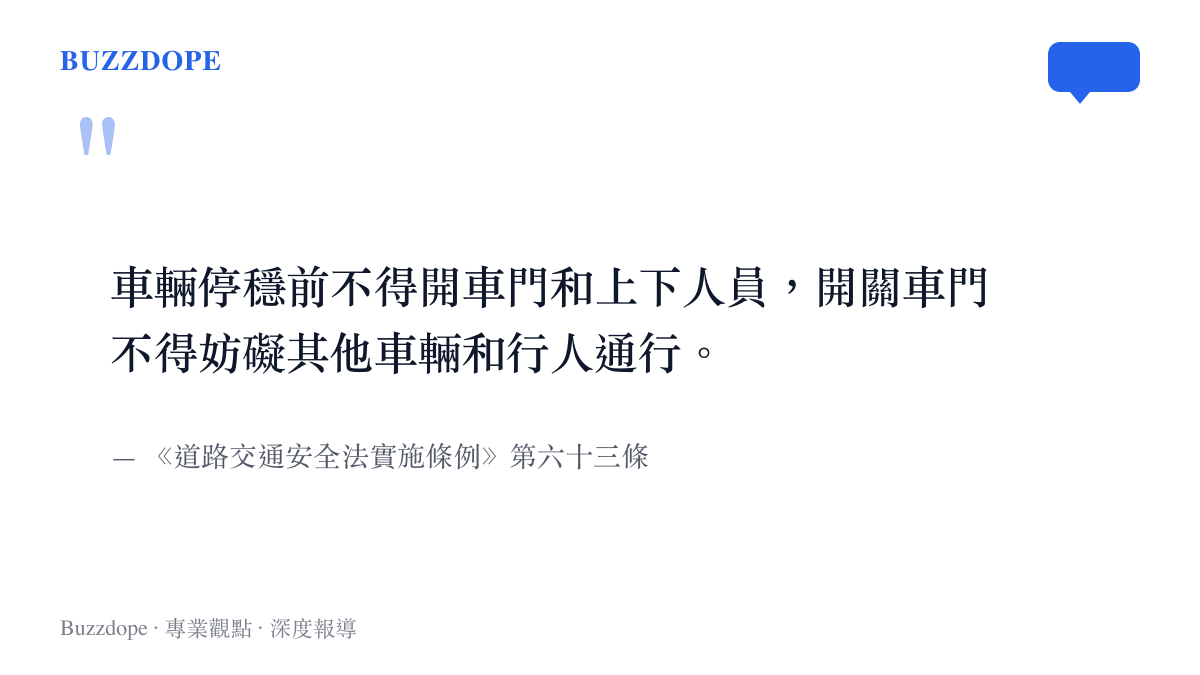 引言圖卡呈現中國道路交通安全法實施條例第六十三條，明定車輛停穩前不得開車門且開關車門不得妨礙其他車輛與行人通行的條文內容