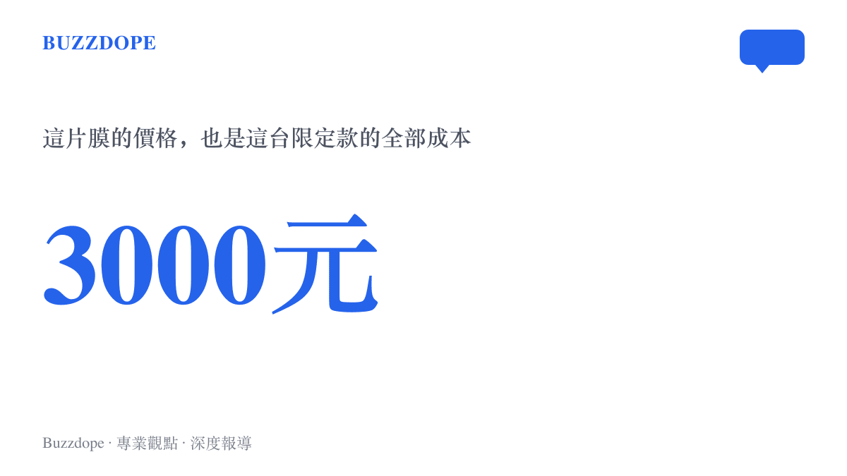 統計圖卡呈現這次客製貼膜花費三千元人民幣，換來一臺印滿字母水印、全球僅此一臺的車身