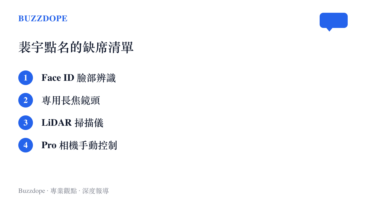 清單列出 Nothing 執行長裴宇點名 iPhone Duo 缺少的四項功能：Face ID 臉部辨識、專用長焦鏡頭、LiDAR 掃描儀與 Pro 相機手動控制