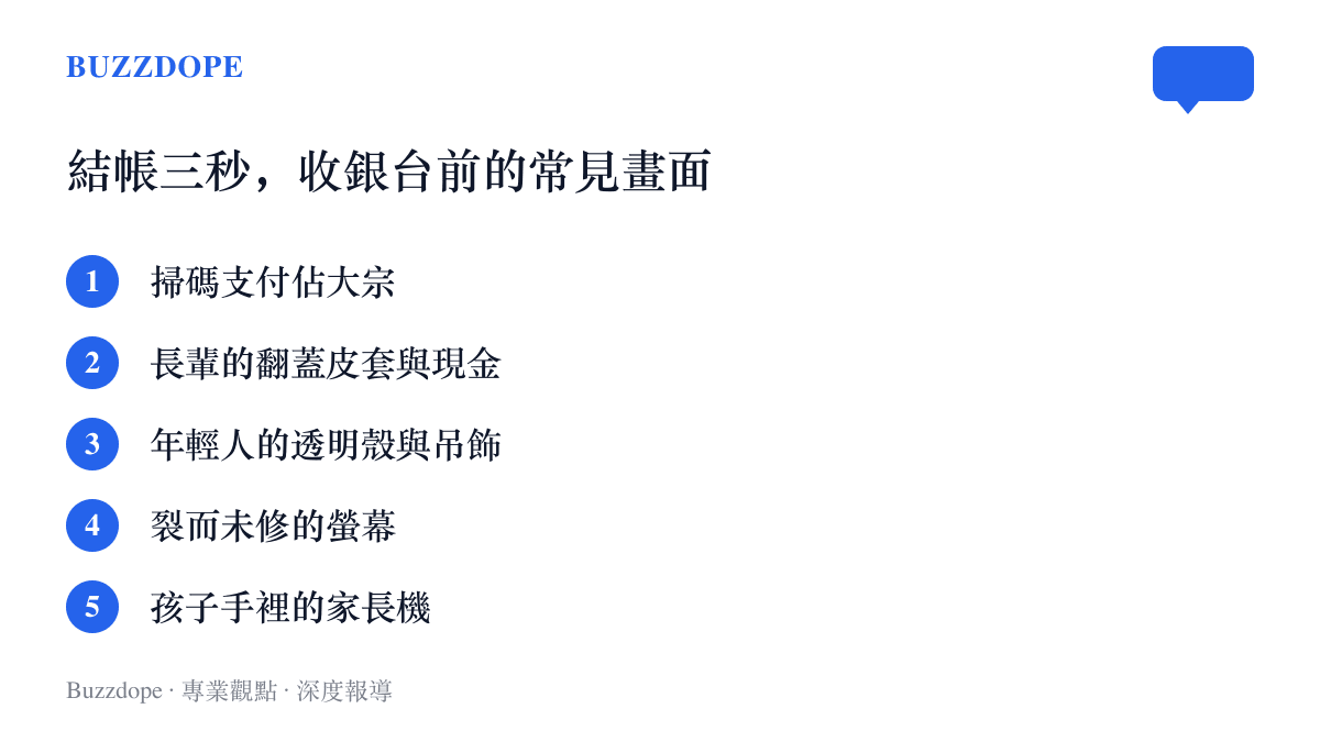 清單圖卡列出收銀臺前結帳三秒的常見畫面：掃碼支付為大宗、長輩的翻蓋皮套與現金、年輕人的透明殼吊飾、裂而未修的螢幕，以及孩子手中的家長機