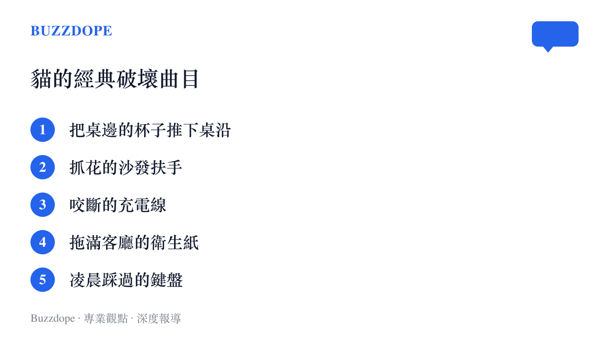 清單列舉貓咪常見的破壞行為，包括推倒桌邊杯子、抓壞沙發、咬斷充電線、拖散衛生紙與深夜踩踏鍵盤