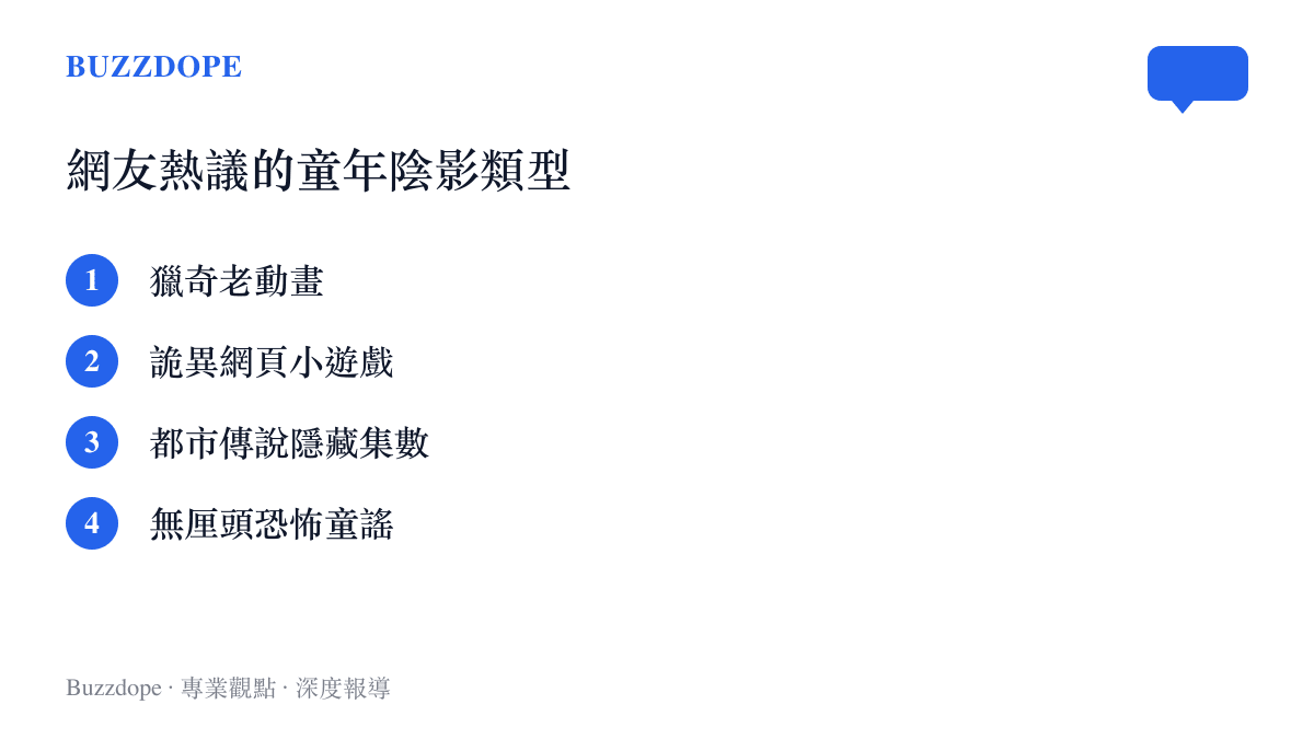 網友熱議的童年陰影主要分為獵奇老動畫、詭異網頁小遊戲、都市傳說隱藏集數與無釐頭恐怖童謠四種類型