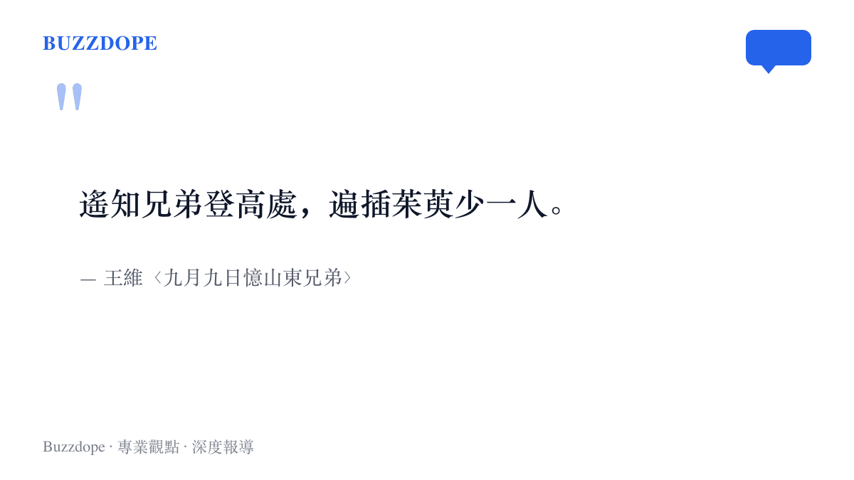 引言圖卡呈現王維在九月九日憶山東兄弟一詩中的句子：遙知兄弟登高處，遍插茱萸少一人
