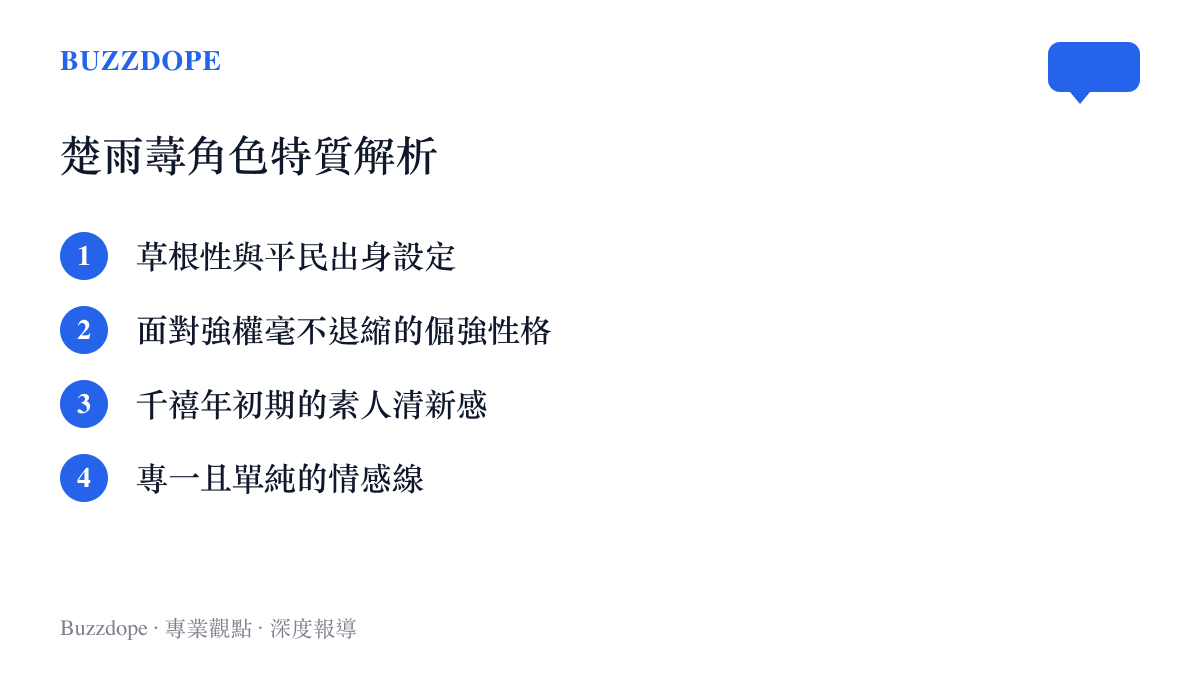 清單圖卡列出楚雨蕁角色的四個主要特質，包含草根性、倔強性格、素人清新感與專一情感線