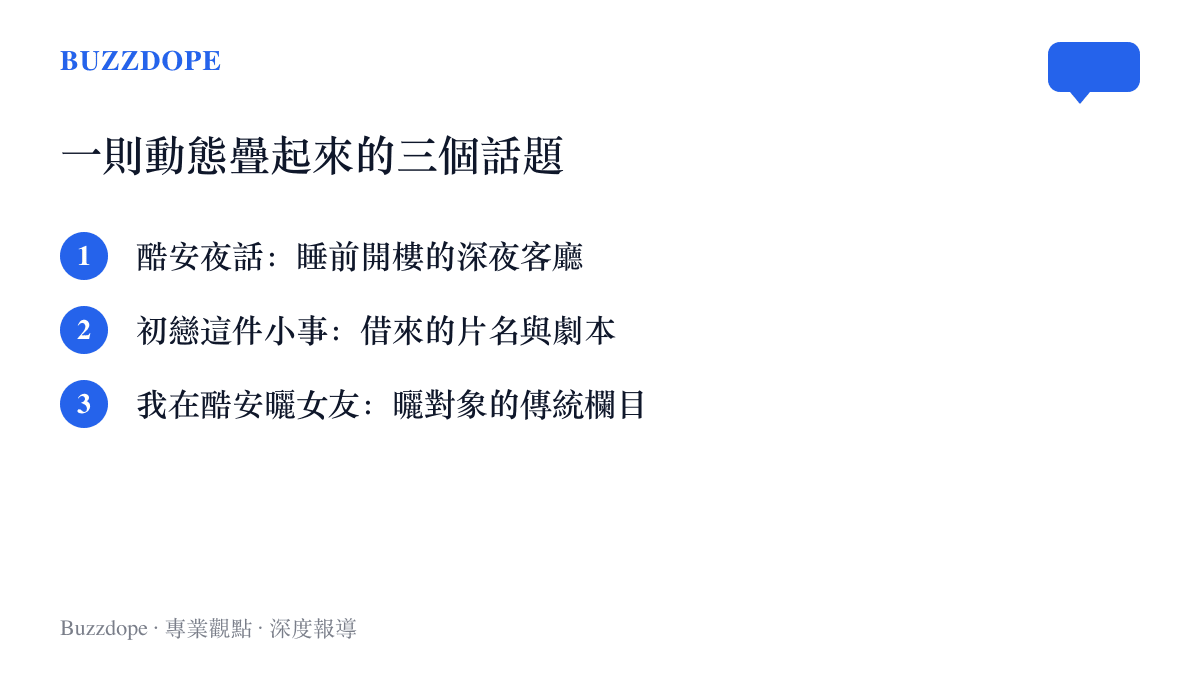 清單圖列出一則酷安動態疊加的三個話題標籤，包含睡前開樓的酷安夜話、借用的泰國電影初戀這件小事片名，以及曬女友的傳統欄目，說明發文者以此框架講述自己的初戀