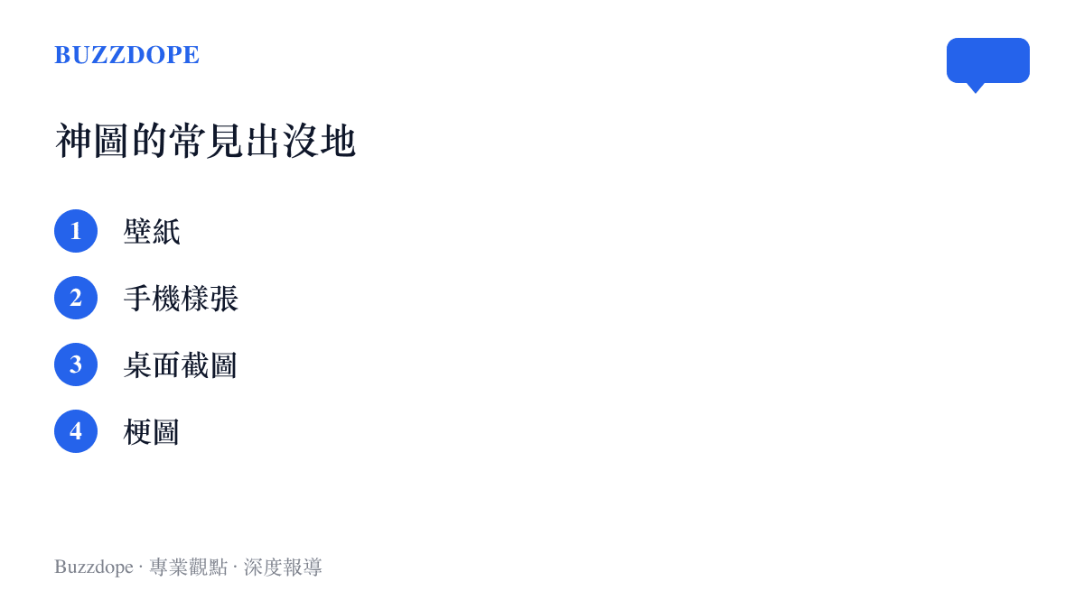清單圖列出手機社羣裡被稱為神圖的四種常見內容：壁紙、手機樣張、桌面截圖與梗圖