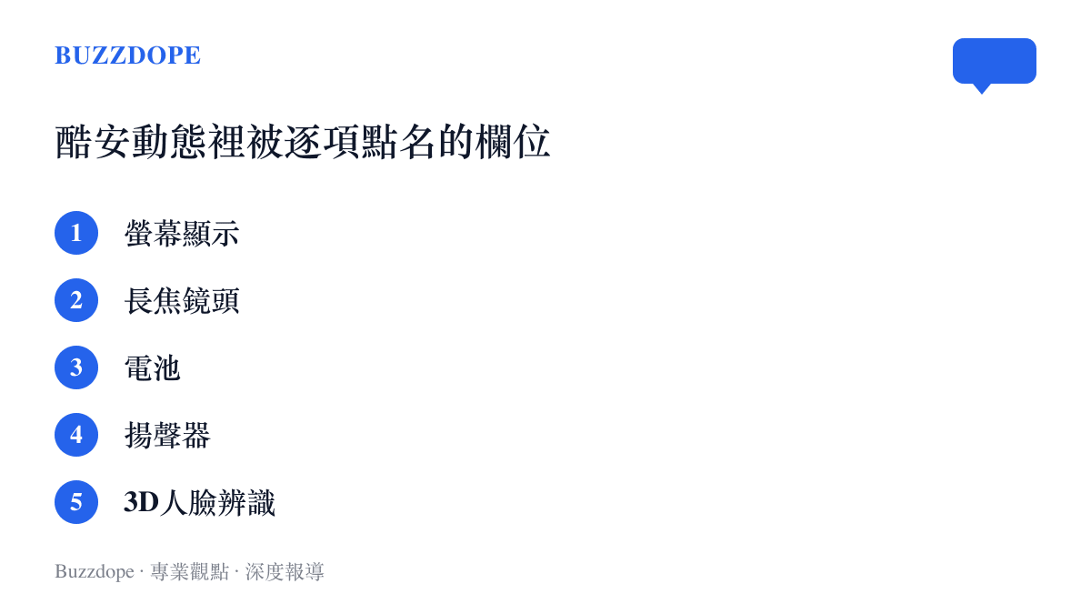 一則酷安動態中被逐項對照的手機規格欄位清單，列出螢幕顯示、長焦鏡頭、電池、揚聲器與3D人臉辨識等項目