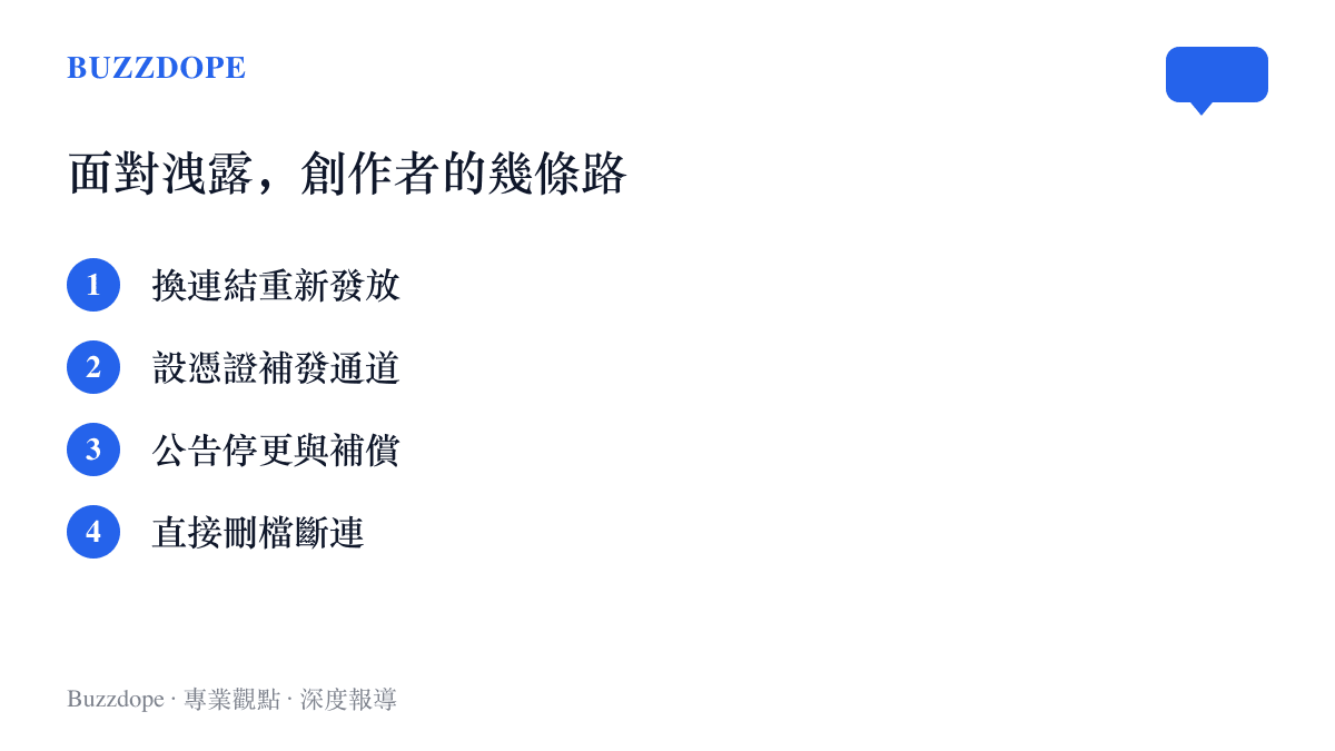 清單圖卡列出資源包創作者面對洩露的四種處理方式：換連結重新發放、設購買憑證補發通道、公告停更與補償方案，以及直接刪檔斷連