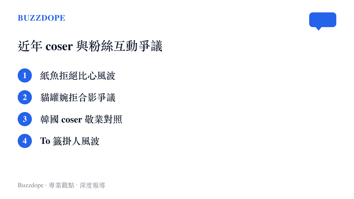 近年 coser 與粉絲互動的四起爭議事件列表：紙魚拒絕比心風波、貓罐婉拒合影爭議、韓國 coser 敬業對照，以及這次的 To 籤掛人風波
