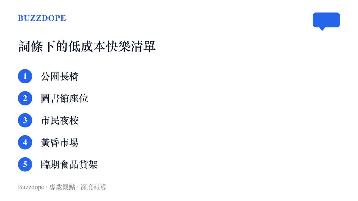 清單列出抖音高性價比人生指南詞條下常被點名的低成本快樂來源：公園長椅、圖書館座位、市民夜校、黃昏市場與臨期食品貨架