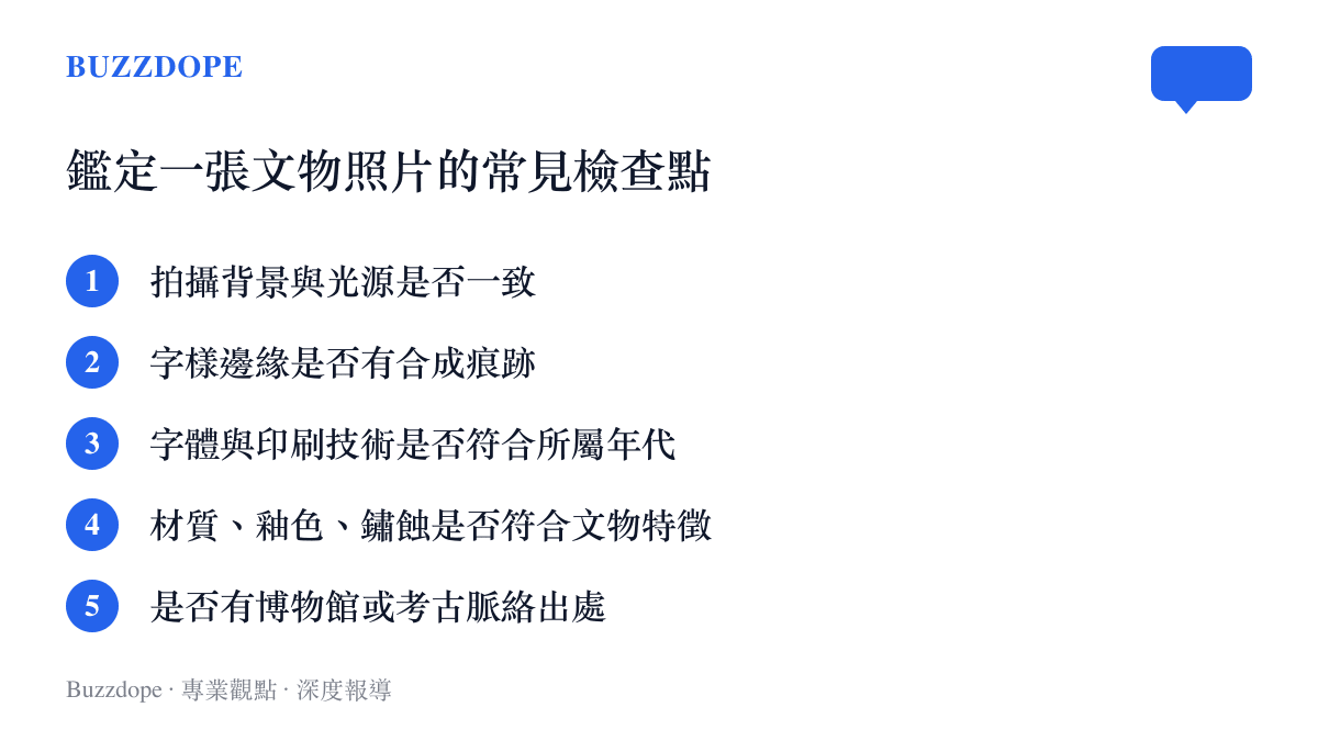 文物照片鑑定檢查清單，列出五項常見檢查點供讀者判讀網傳文物影像的真偽