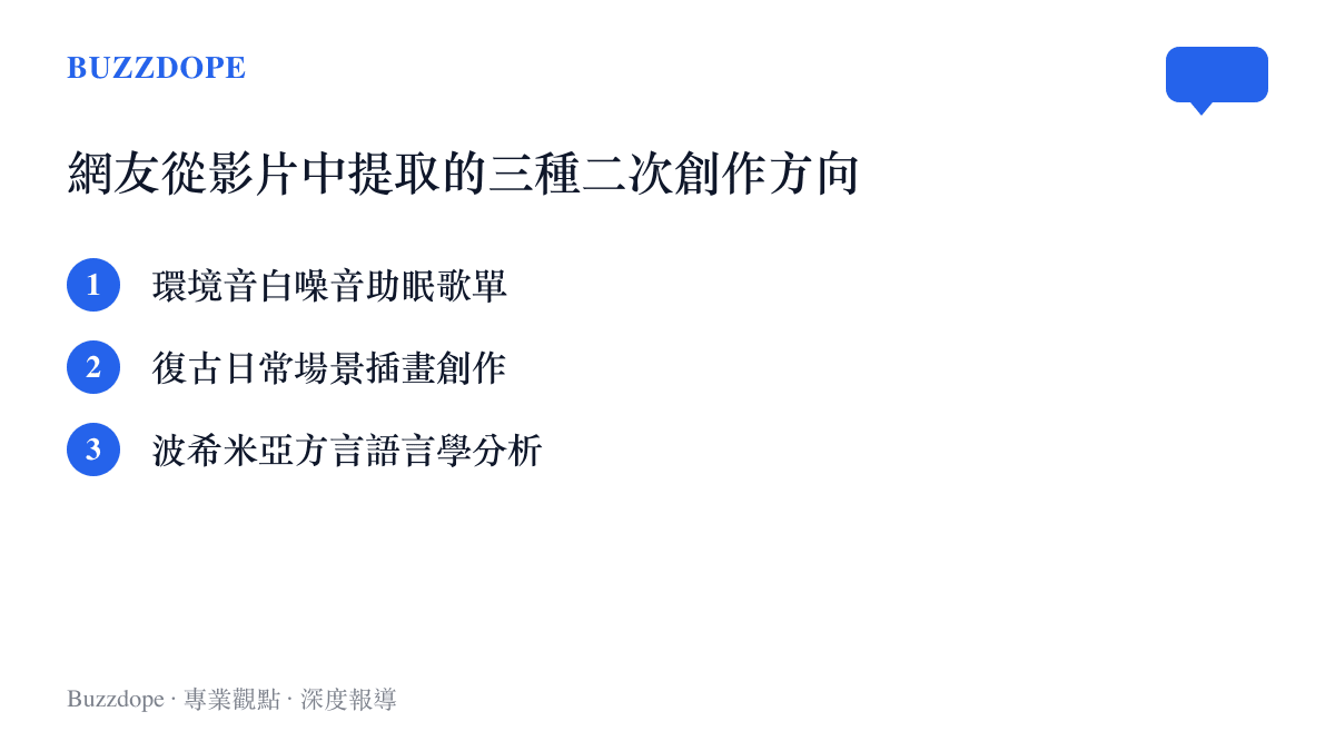 清單圖卡列出了網友基於這支影片延伸出的三種主要創作方向，包括白噪音、插畫與語言分析