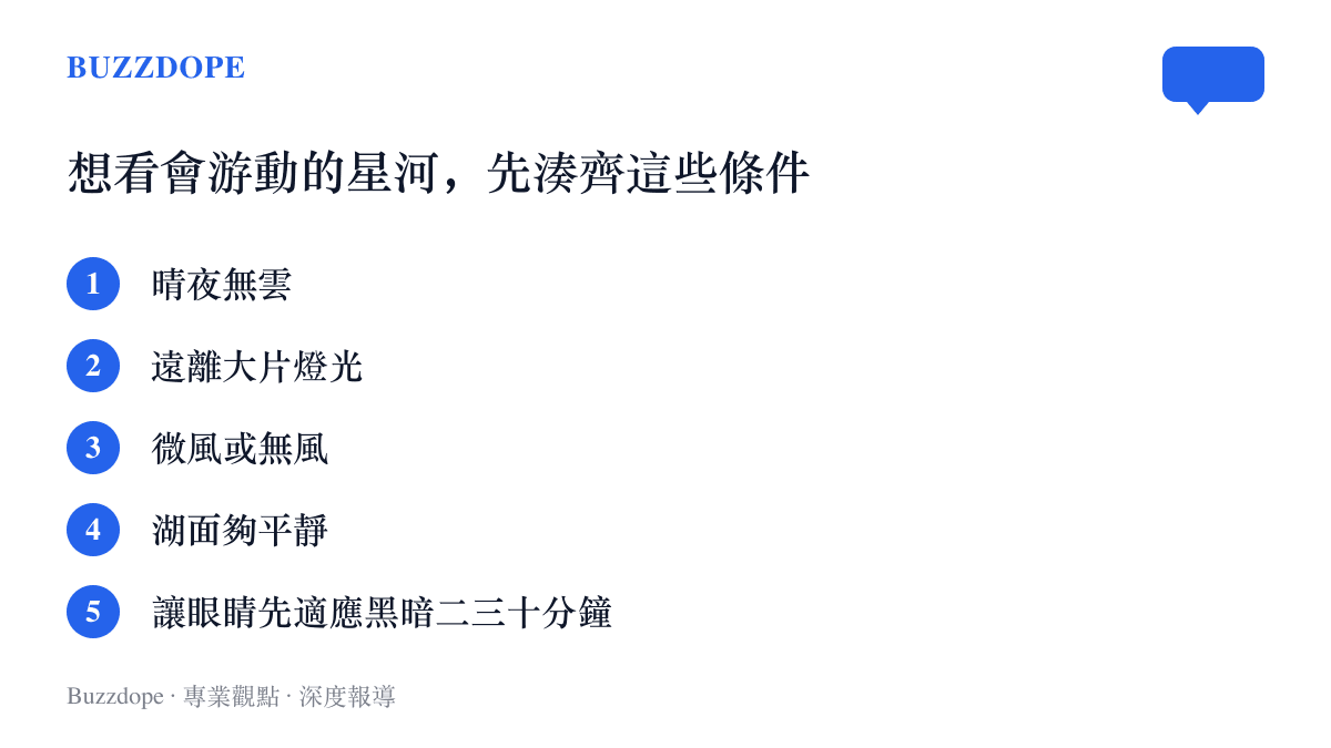 圖列在洱海看見星河倒影的五個前提，從晴夜無雲、低光害、平靜湖面到讓眼睛適應黑暗