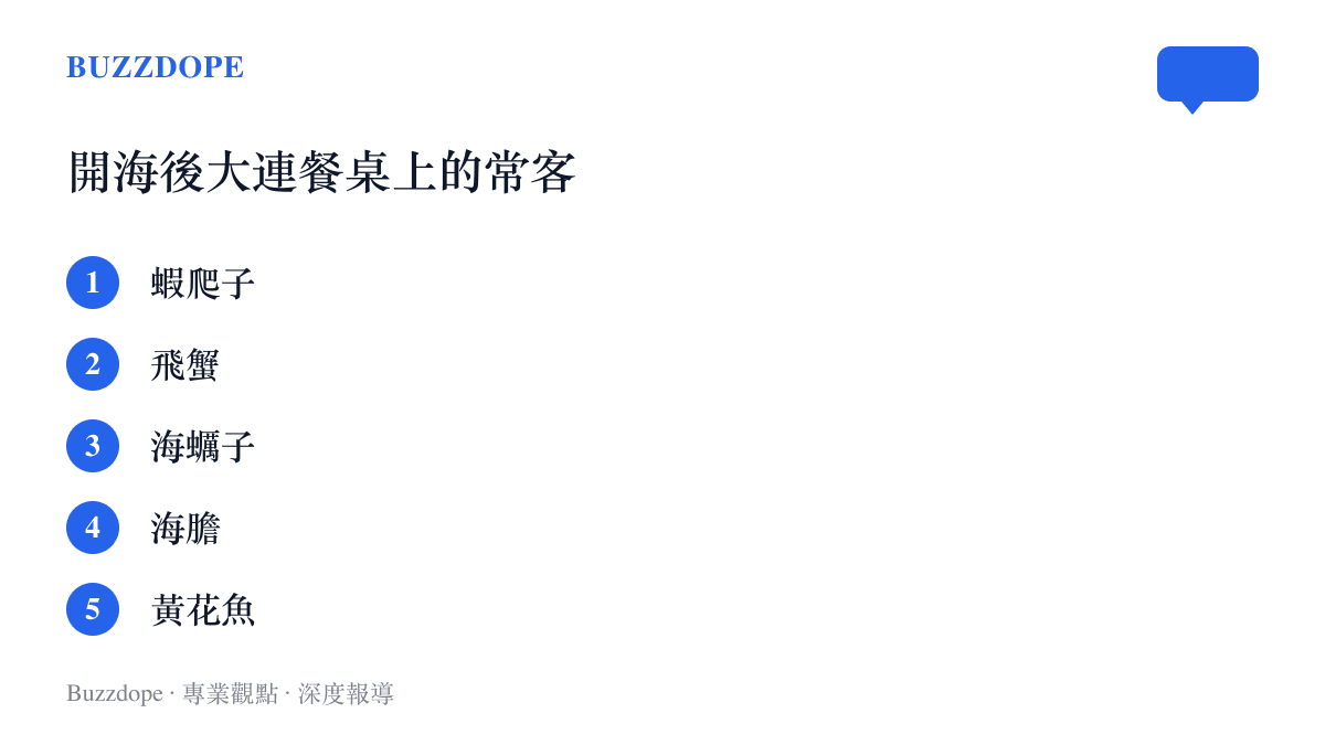 清單圖卡列出開海後大連市場最常見的五種海鮮：蝦爬子、飛蟹、海蠣子、海膽與黃花魚