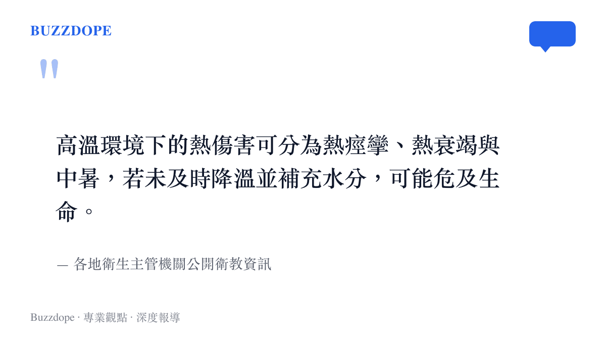 引述衛生單位衛教資訊，說明熱痙攣、熱衰竭與中暑等高溫熱傷害的風險與即時降溫的重要性