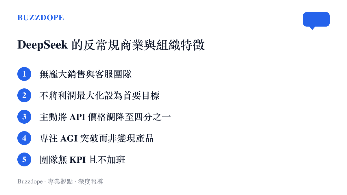 條列 DeepSeek 公司在團隊組織、定價策略與產品目標上五項有別於傳統網路企業的運作特徵